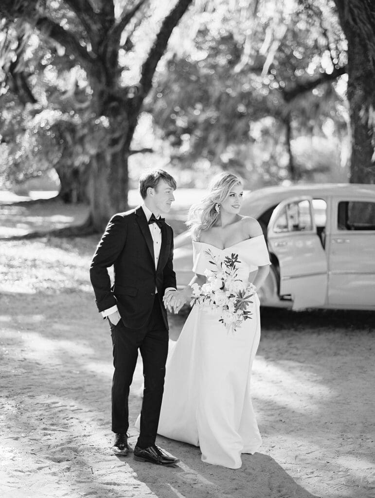 Black and white editorial portraits from a Middleton Place wedding in Charleston, South Carolina 