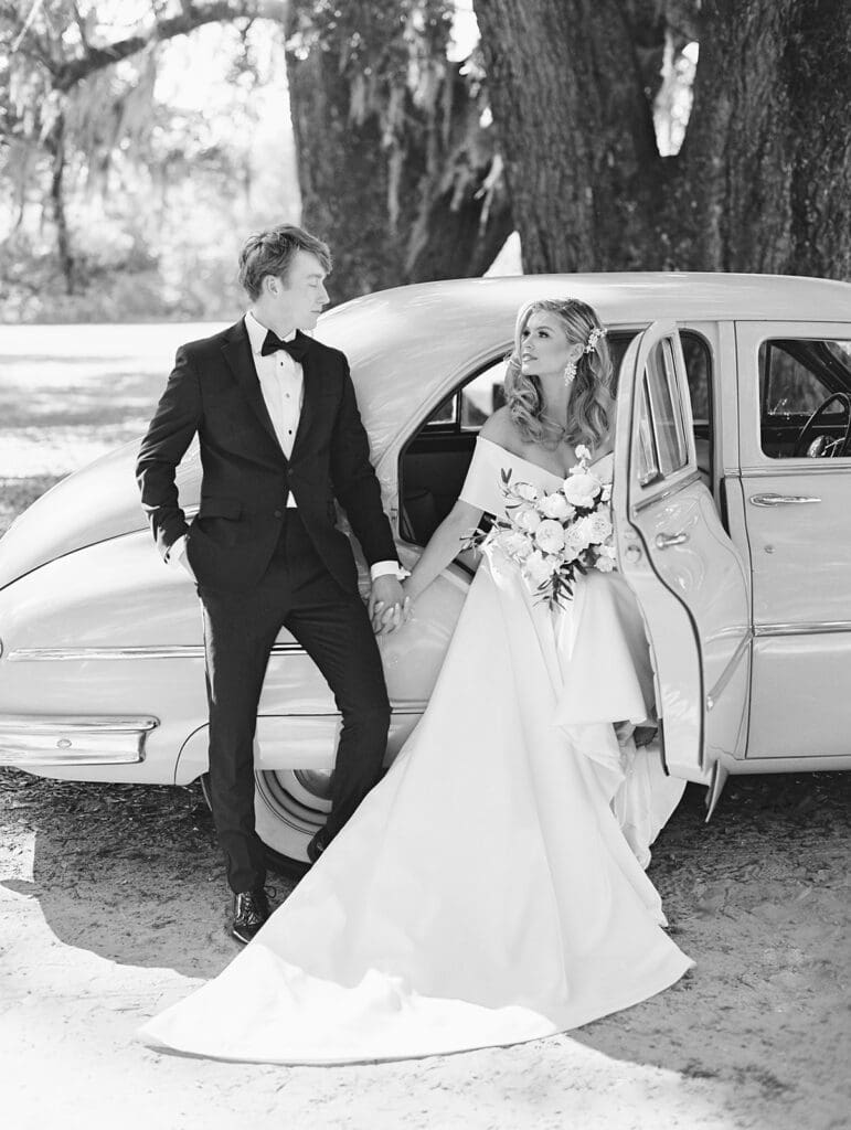 Black and white editorial portraits from a Middleton Place wedding in Charleston, South Carolina 