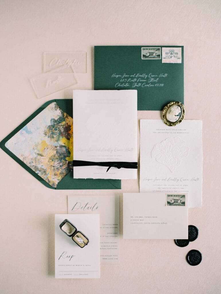 Romantic wedding stationary by Maddie Ladig Designs with flatlay stylish by Stephanie Abbitt