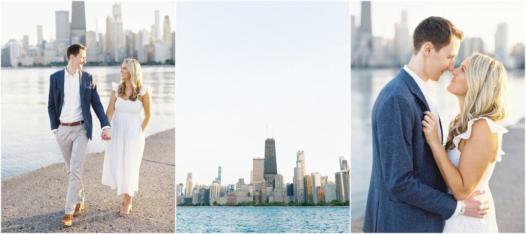 Engagement photos with Chicago skyline view near North Avenue Beach