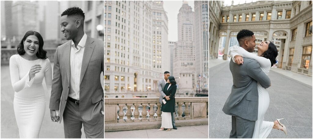 Chicago Riverwalk engagement photos near the Wrigley Building in downtown Chicago