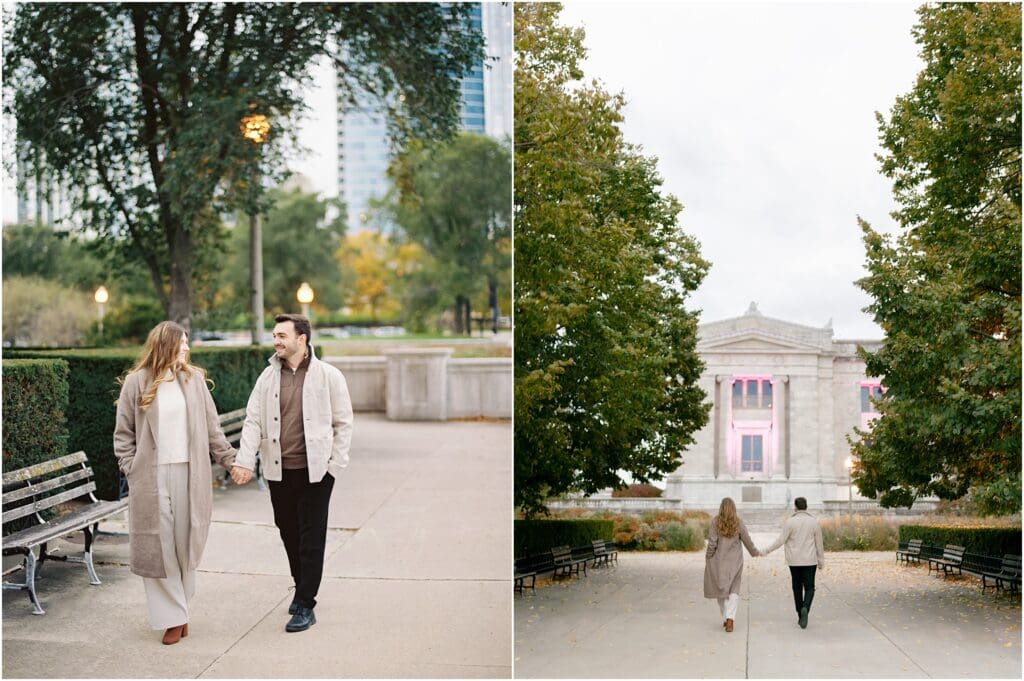 Romantic Chicago engagement photos with skyline view across Lake Michigan