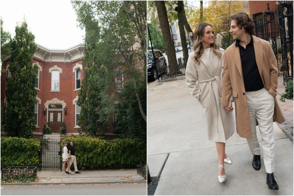 Romantic Chicago engagement photos near historic brownstone buildings