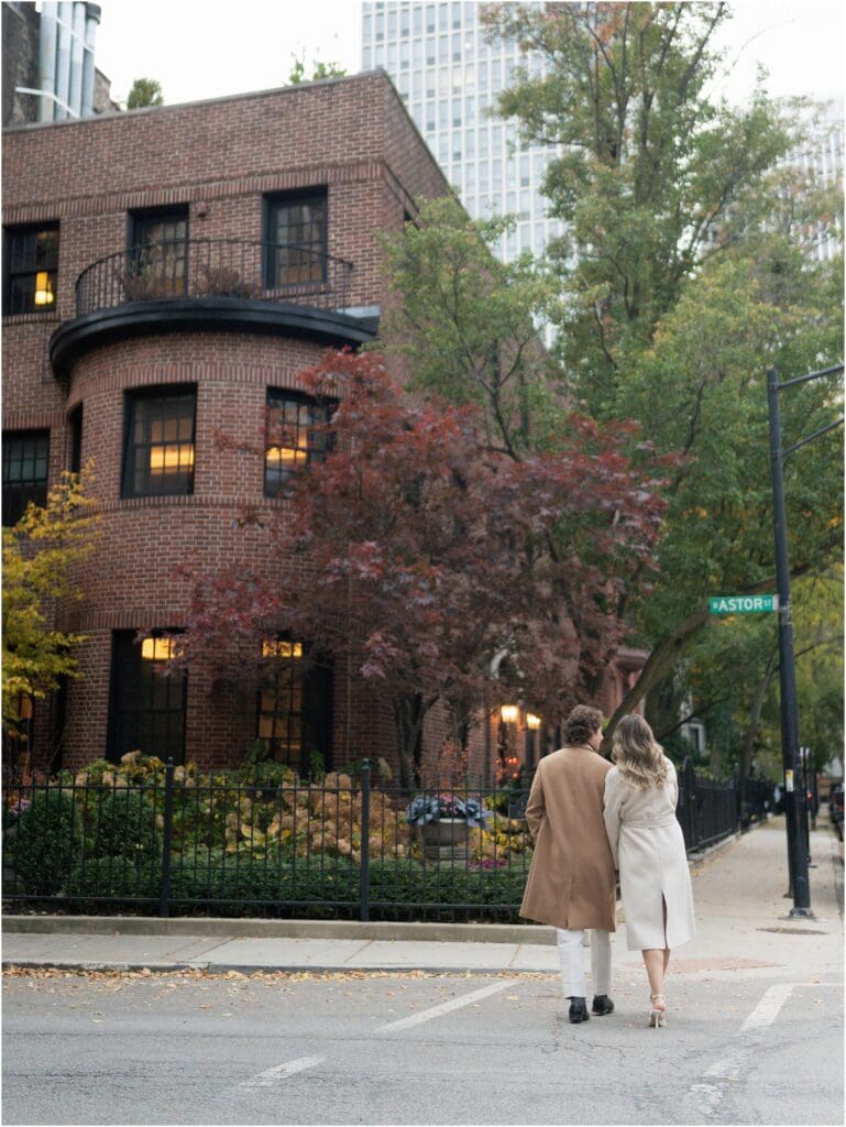 Chicago engagement photos on a tree-lined Gold Coast neighborhood street