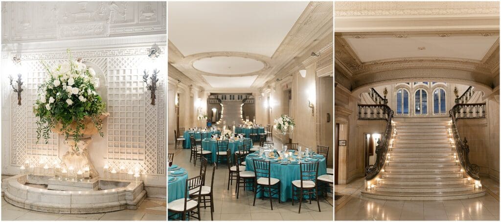 Romantic wedding reception at Armour House, a luxury Chicago wedding venue with green linens, floral centerpieces, and candlelight