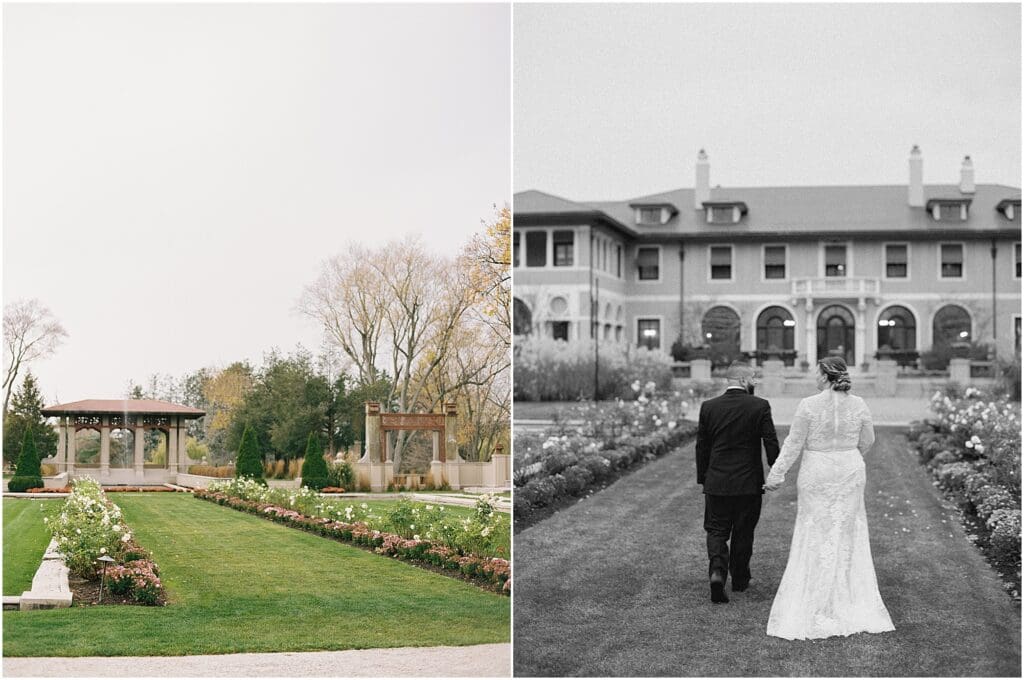 Garden ceremony space and newlywed couple walking at Armour House with manicured grounds and estate setting