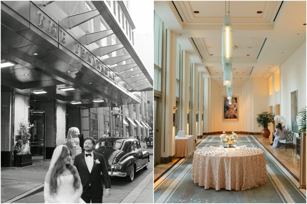 Bride and groom outside The Peninsula Chicago with vintage car and elegant city backdrop